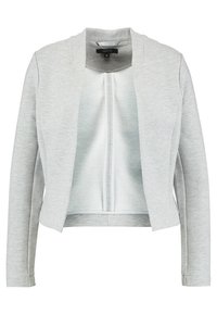 Light gray cropped open-front blazer with long sleeves, no buttons or closures, with a subtle textured fabric.