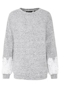 Grå sweatshirt med långa ärmar, med vita spetsdetaljer på manschetterna. Mjuk textur och avslappnad passform. Rund halsringning.