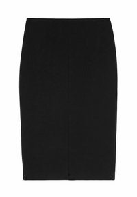 Crna olovka suknja od glatkog materijala, s uskim, prilagođenim krojem i zatvaračem na leđima. Bez dodatnih uzoraka ili tekstura.