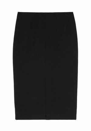 Falda lápiz negra hecha de una tela suave, con una silueta esbelta y ajustada, y cierre de cremallera en la parte posterior. Sin patrones ni texturas adicionales.