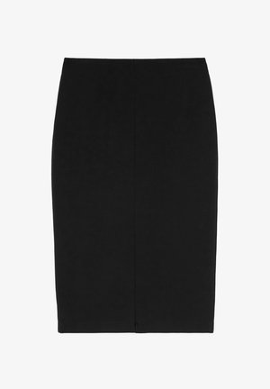 Jupe crayon noire en tissu lisse, avec une silhouette ajustée et une fermeture éclair au dos. Pas de motifs ni de textures supplémentaires.