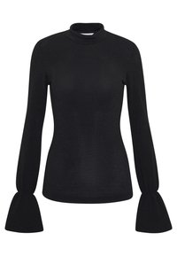 Haut noir à manches longues avec un corps ajusté, un col montant et des manches ballon évasées en tissu texturé.