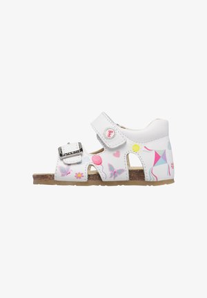 Sandale blanche pour enfants avec boucle et bandes auto-agrippantes, décorée de papillons colorés, ballons, fleurs, soleil, cœurs et motif de cerf-volant.