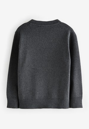 Ciemnoszary sweter z okrągłym dekoltem, długimi rękawami i ści ągaczami przy mankietach. Miękka faktura, bez widocznych wzorów ani elementów ozdobnych.