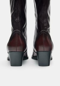 Une paire de bottes de cowboy en cuir marron foncé avec des motifs cousus et des talons empilés noirs, montrées de l'arrière sur un fond blanc.