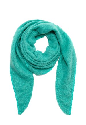 Turquoise zachte fleece sjaal, gevouwen in een lus met puntige uiteinden tegen een witte achtergrond.