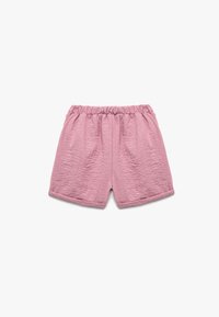 Roze, elastische shorts met een geweven stof. Heeft een losse pasvorm, gestikte zoom en een minimaal ontwerp zonder patronen of accenten.