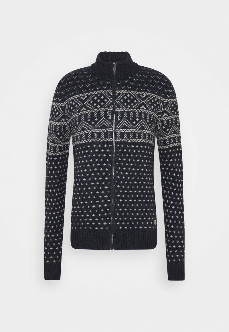 Pull noir zippé intégralement avec motifs géométriques et nordiques gris, col, poignets et ourlet côtelés, manches longues, présenté sur fond blanc.