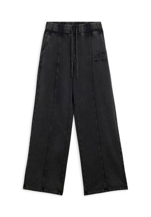 Pantalon large noir avec taille élastique, cordon de serrage et poches latérales ; présente un design brodé de Mickey Mouse sur la hanche gauche.