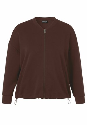 Brown zip-up jacket with long sleeves, round collar, and adjustable hem cords, displayed on white background.