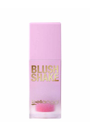 Bottiglia cosmetica rettangolare rosa con il testo dorato "BLUSH SHAKE" e "bellaoggi", contenente all'interno un blush rosa visibile.