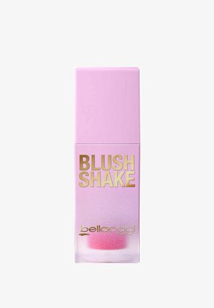 Bottiglia cosmetica rettangolare rosa con il testo dorato "BLUSH SHAKE" e "bellaoggi", contenente all'interno un blush rosa visibile.
