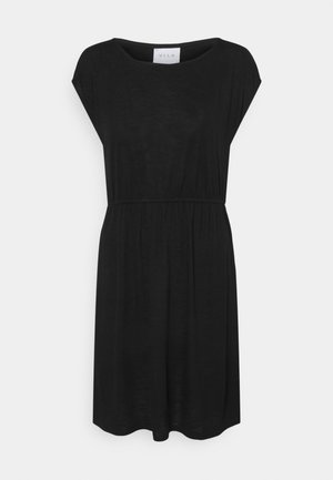 Schwarzes knielanges Freizeitkleid mit kurzen Cap-Ärmeln und elastischem Taillenbund, auf weißem Hintergrund präsentiert.