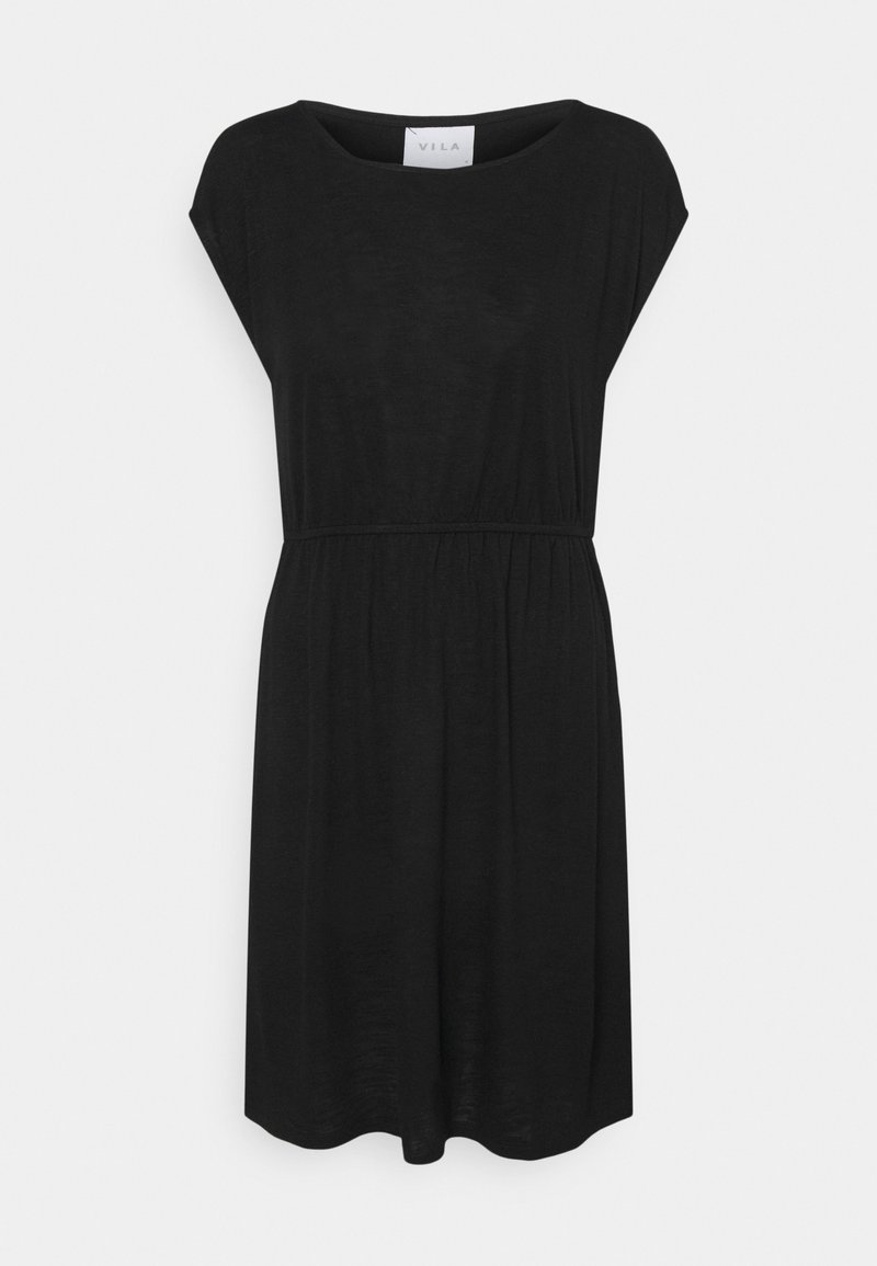 Robe décontractée noire longueur genou avec manches courtes façon casquette et taille élastique, présentée sur un fond blanc.