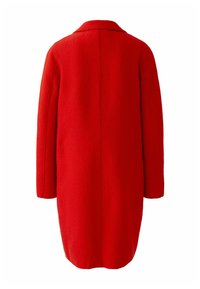 Red wool coat with a straight cut and long sleeves. Features a notched collar and textured fabric. Back view shows minimal seam detailing.