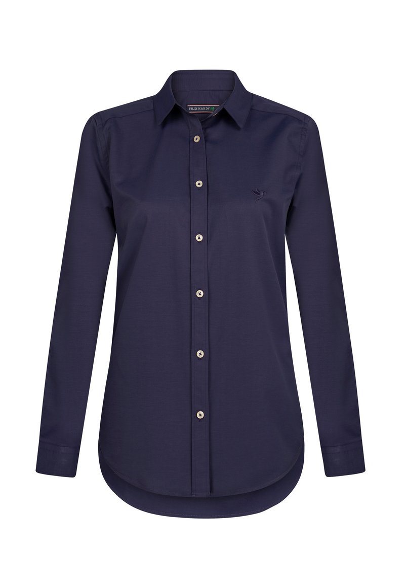 Camicia a maniche lunghe blu navy realizzata in tessuto liscio, con chiusura a bottoni sul davanti e un piccolo logo sul petto. Design con orlo curvo.