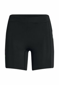 Pantaloni da nuoto neri realizzati in tessuto elasticizzato, con una cintura stretta e cuciture piatte. Gli accenti laterali includono un dettaglio del logo multicolore.