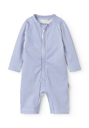 Babyromper med lange ermer, med vertikale blå og hvite striper, frontglidelås og rund hals, egnet for spedbarn.