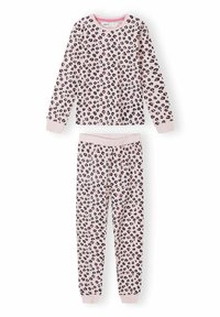 Pizama súprava s leopardím vzorom v ružovej a čiernej farbe, pozostávajúca z dlhého rukáva a zodpovedajúcich nohavíc s rebrovanými manžetami a elastickým pásom.