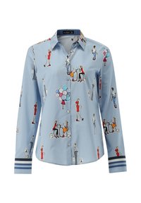 Light blue button-up shirt featuring patterned illustrations of people with accessories. Long sleeves, structured collar, striped cuffs.