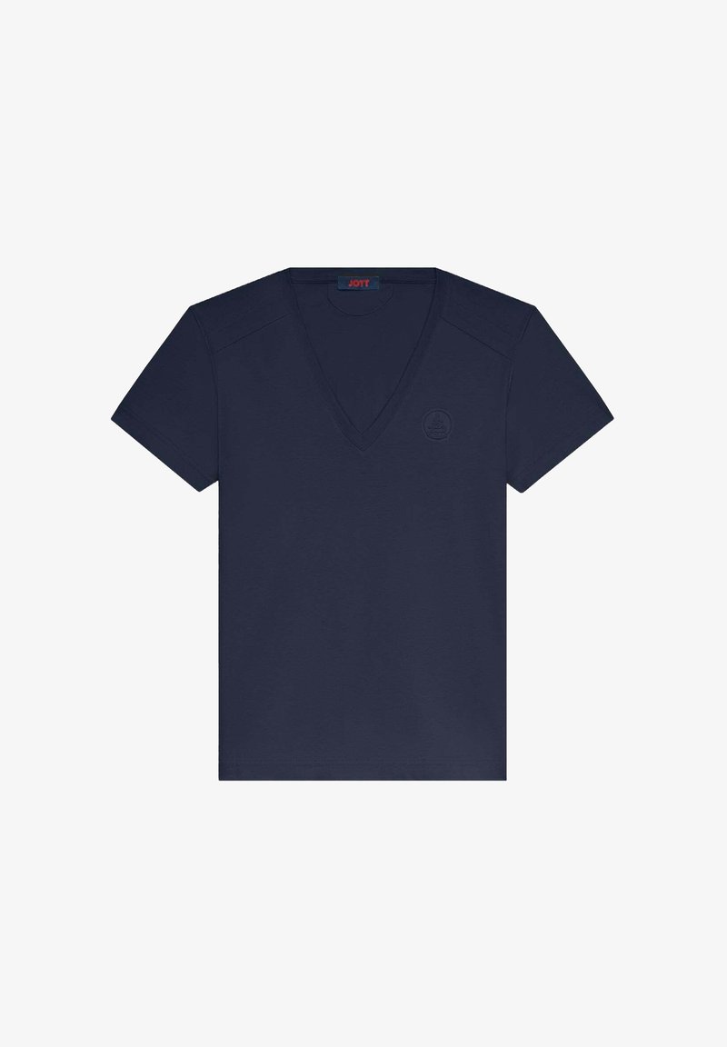 Camiseta azul marino con cuello en V, fabricada con tela suave, que presenta mangas cortas, un logo sutil en el pecho y un corte holgado.