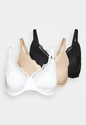 Three bras in white, beige, and black; lace accents, soft fabric, full coverage design, adjustable straps, and textured details on cups.