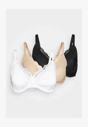 Drie beha's in wit, beige en zwart; kantaccenten, zachte stof, full coverage ontwerp, verstelbare bandjes en textuurdetails op de cups.