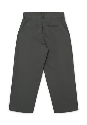 Pantalon gris avec une coupe droite, deux poches arrière et des détails de couture minimalistes à la ceinture. Texture lisse.