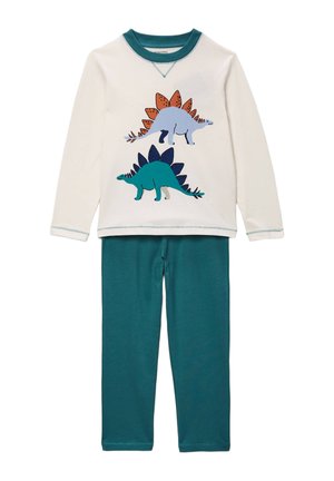 Ensemble de pyjama deux pièces pour enfants avec un haut crème à manches longues représentant des stégosaures bleus et verts, associé à un pantalon bleu sarcelle.