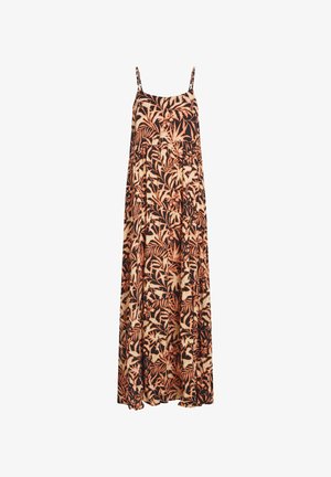 Lange zwarte jurk met dunne bandjes, met een oranje en beige tropische blad- en bloemenprint, vloeiende stof.