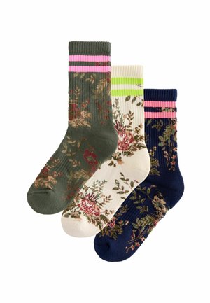 Drei Paar Socken: olivgrün mit Floralprint, cremefarben mit rosa und grünen Akzenten, marineblau mit Floraldesign und rosa Streifen. Baumwollmischung.