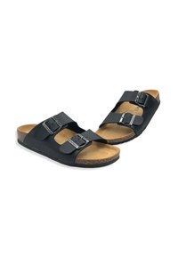 Sandali neri a due cinturini realizzati in materiale sintetico con fibbie argentate regolabili. Suola in sughero con superficie texturizzata per il comfort.