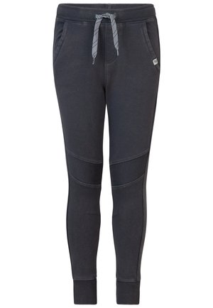 Mørkegrå joggers med ribstrikkede knælapper, elastisk talje, snøre, sidelommer og manchetter ved anklerne.