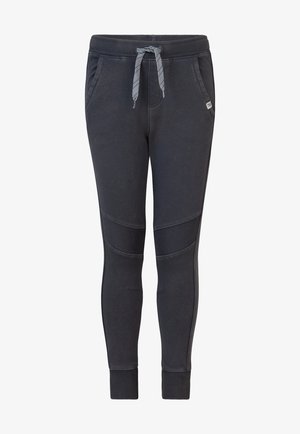 Mørkegrå joggers med ribstrikkede knælapper, elastisk talje, snøre, sidelommer og manchetter ved anklerne.