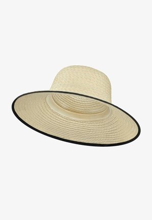 Wide-brim straw hat in light beige, featuring a smooth black band. Woven texture with a rounded crown and floppy, sun-shielding rim.
