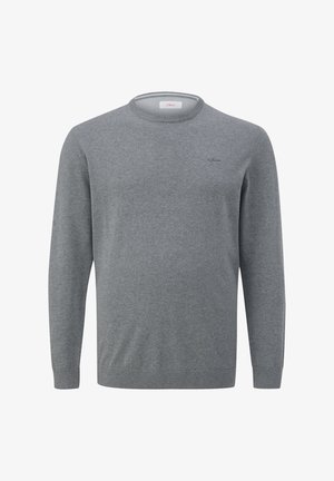Sivý sveter s crew-neck výstrihom, vyrobený z mäkkej látky. Disponuje dlhými rukávmi a rebrovanými manžetami. Na hrudi je jemne vyšité logo.