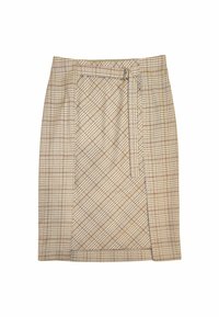 Gonna beige a quadratini con motivi diagonali e a griglia, dotata di chiusura con zip e passanti per cintura, realizzata in un tessuto testurizzato.