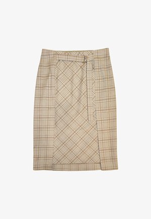 Gonna beige a quadratini con motivi diagonali e a griglia, dotata di chiusura con zip e passanti per cintura, realizzata in un tessuto testurizzato.