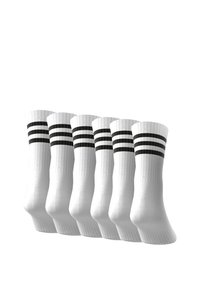 Weiße Baumwollsocken im Crew-Stil mit gerippter Textur und drei schwarzen Streifen am oberen Rand. Sechserpack, mit verstärktem Fersen- und Zehenbereich.