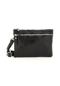 Borsa a tracolla in pelle nera con chiusura zip, finitura testurizzata e tracolla regolabile. Presenta una zip argentata sul davanti.