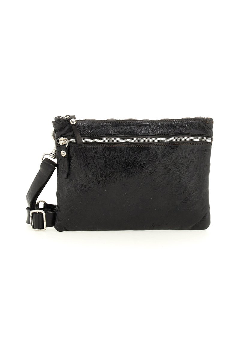 Borsa a tracolla in pelle nera con chiusura zip, finitura testurizzata e tracolla regolabile. Presenta una zip argentata sul davanti.