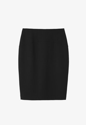 Czarna spódnica ołówkowa wykonana z rozciągliwego materiału. Charakteryzuje się gładką fakturą, dopasowanym krojem oraz średnim stanem z wykończeniami bez szwów.