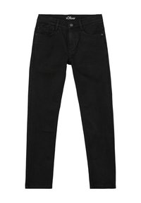 Czarne dżinsy o klasycznym prostym kroju, z zapięciem na guzik, pięcioma kieszeniami i subtelnym logo marki na pasie.