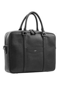 Schwarze Lederaktentasche mit einer strukturierten Oberfläche, zwei Griffen, einer Fronttasche und einem Reißverschluss. Verfügt über ein dezentes Logo-Element.