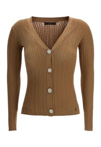 Hnědý pletený cardigan s výstřihem do V, dlouhými rukávy a čtyřmi velkými knoflíky vpředu; obsahuje texturovaný vzor listů.