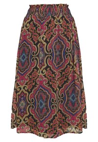 Jupe multicolore à motifs avec une taille smockée et un design fluide. Motifs floraux riches dans des teintes de rose, bleu et or sur fond noir.