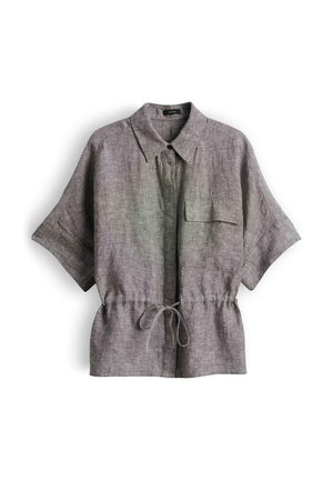 Grijze linnen blouse met korte mouwen, voorzak, kraag, verborgen knopen en een tunnelkoord in de taille.