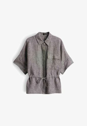 Grijze linnen blouse met korte mouwen, voorzak, kraag, verborgen knopen en een tunnelkoord in de taille.