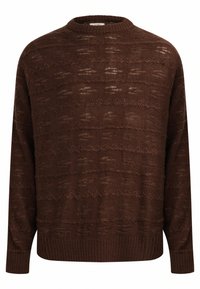 Maglione lavorato a maglia marrone con un motivo testurizzato, strisce orizzontali, scollatura rotonda e polsini e orlo a coste.