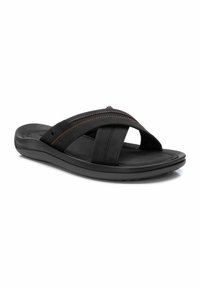 Sandalias de slide negras con dos tiras cruzadas texturizadas, detalles de costura naranja y una plantilla acolchada sobre una suela negra resistente.